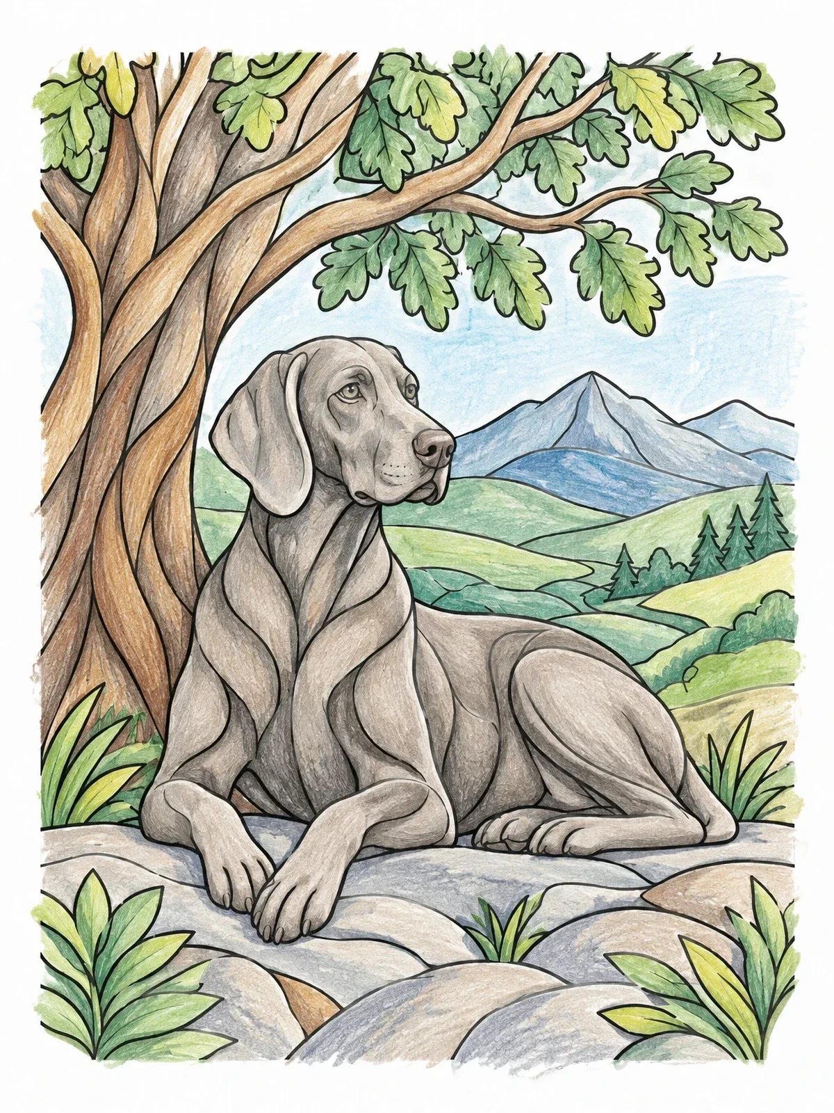 Colored example of the Weimaraner Resting Under Oak Tree coloring page
