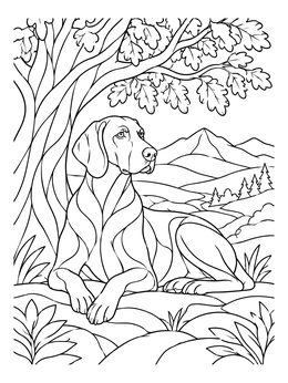 A serene weimaraner coloring page featuring a hound resting beneath an oak tree before rolling hills.
