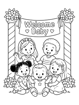 Children celebrating under a festive banner on this baby coloring page.