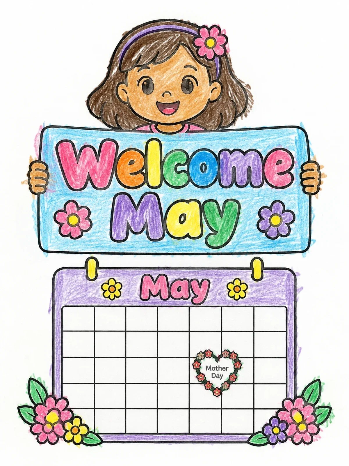 Colored example of the Welcome May Calendar With Girl coloring page