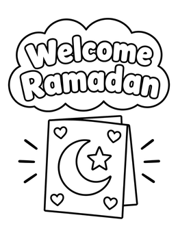 A ramadan coloring page showing a cute greeting card with a crescent moon and star.