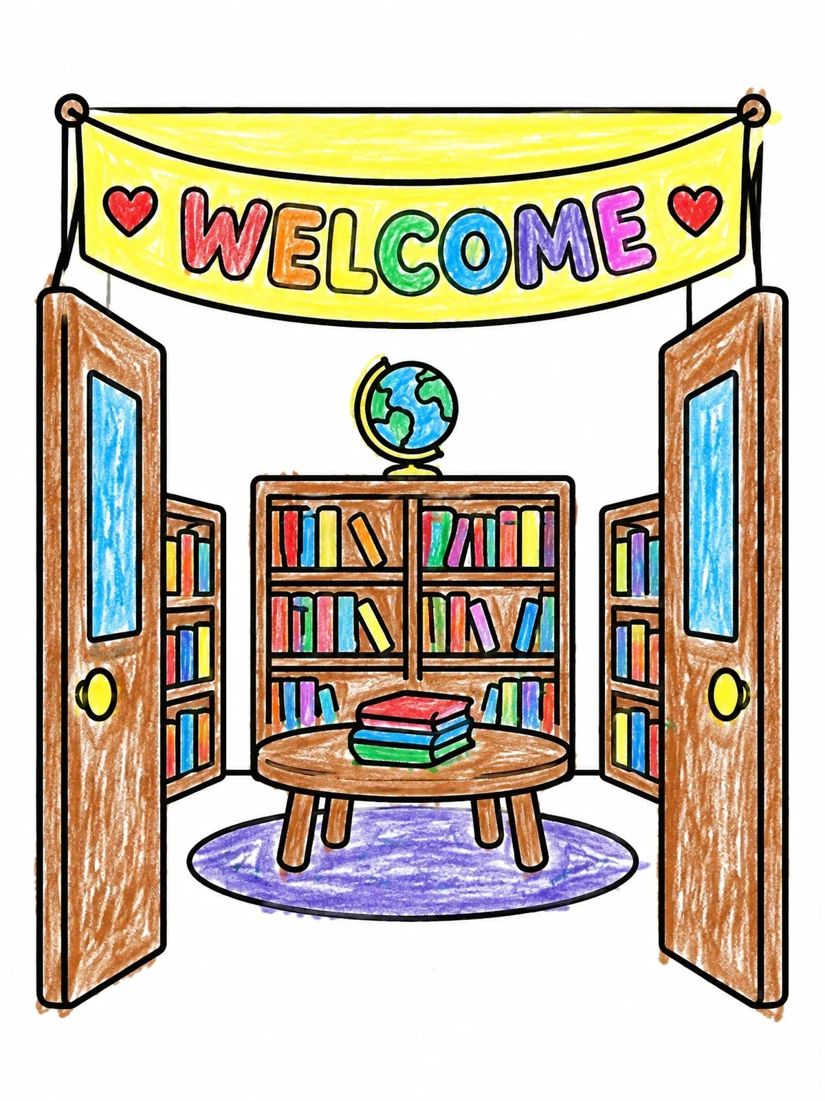Colored example of the Welcome To The School Library coloring page