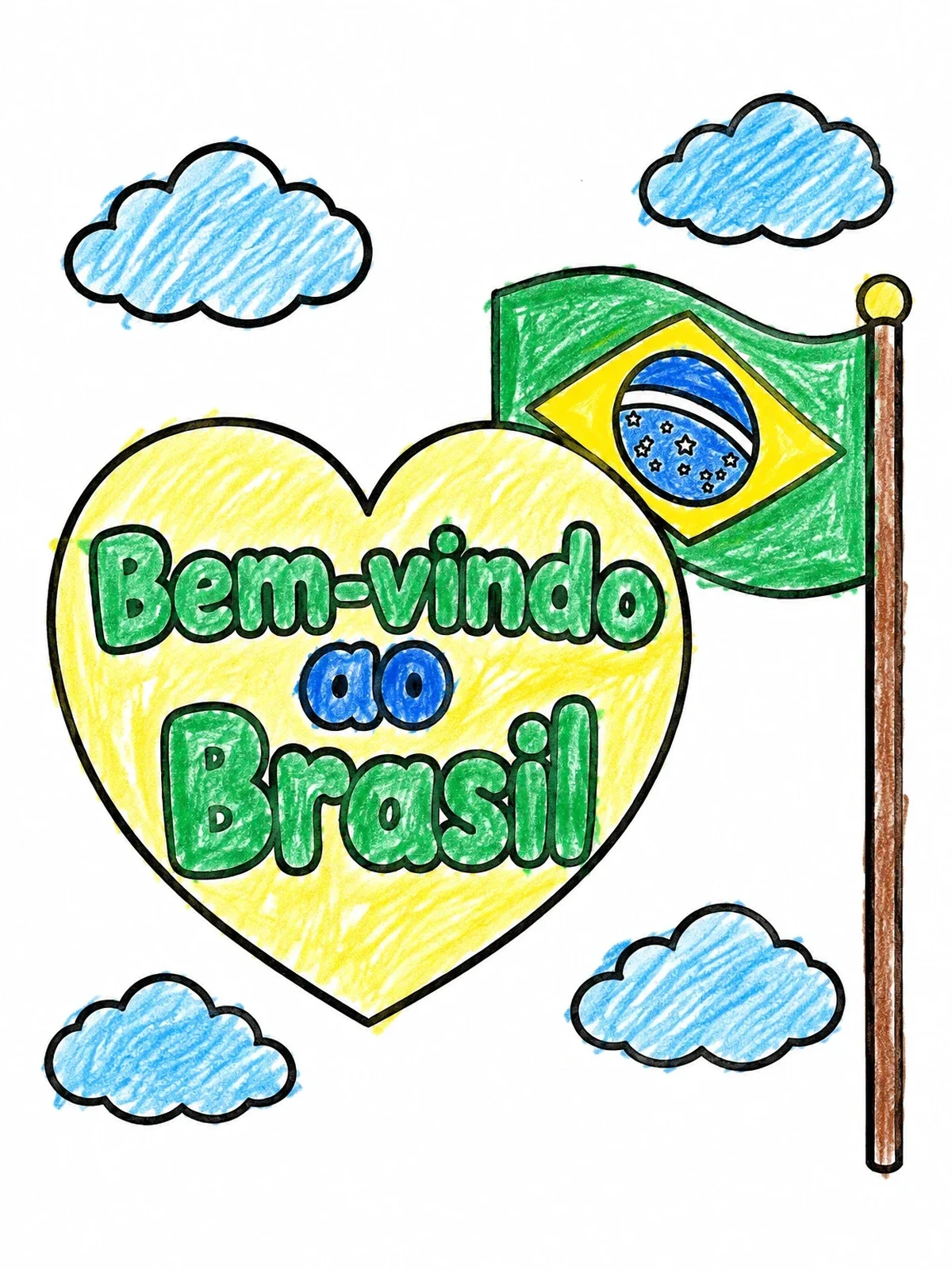 Colored example of the Welcome To Brazil Flag And Heart coloring page