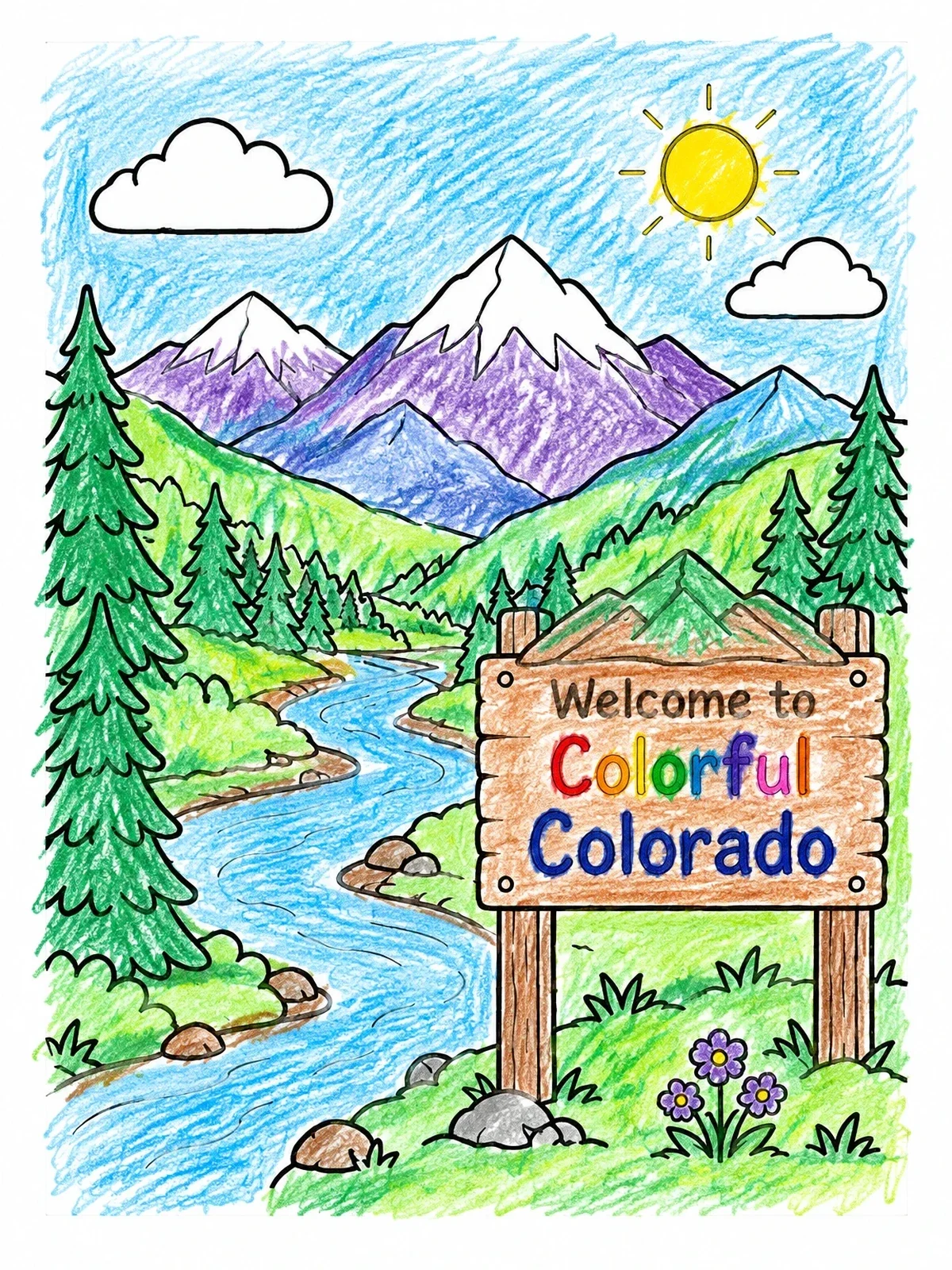 Colored example of the Welcome To Colorful Colorado Landscape coloring page