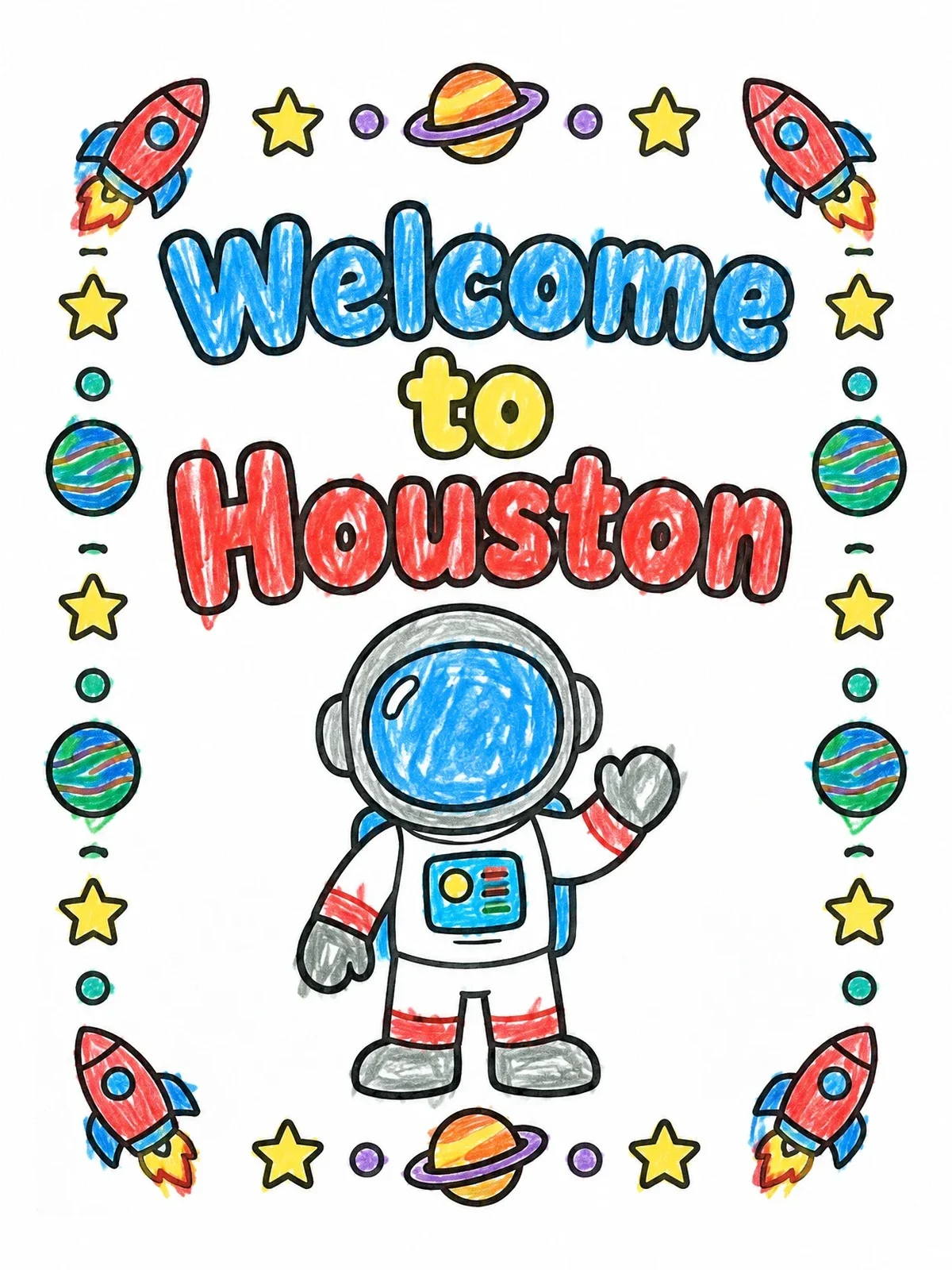 Colored example of the Welcome To Houston Space Astronaut coloring page