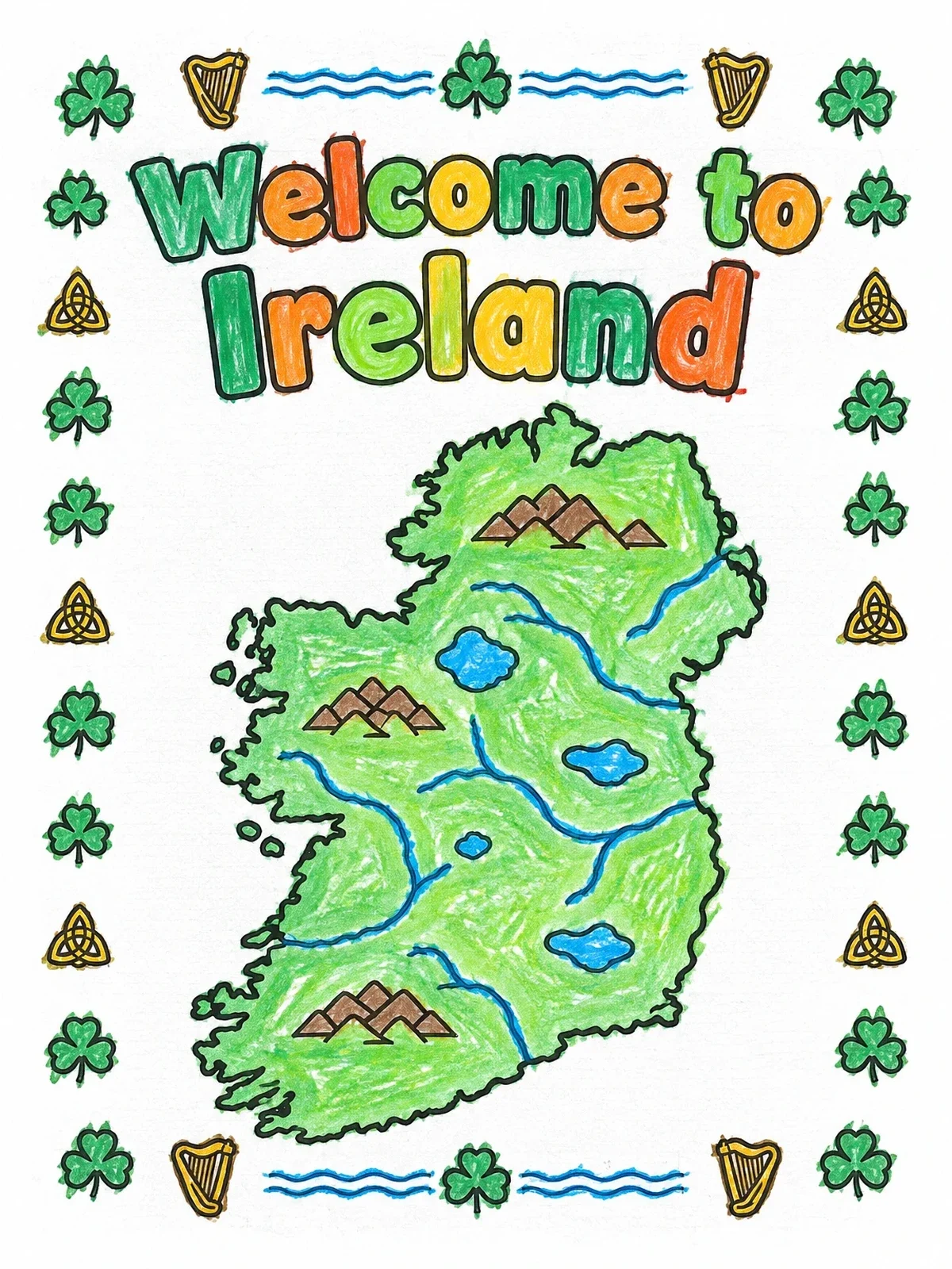 Colored example of the Welcome To Ireland Map With Shamrocks coloring page