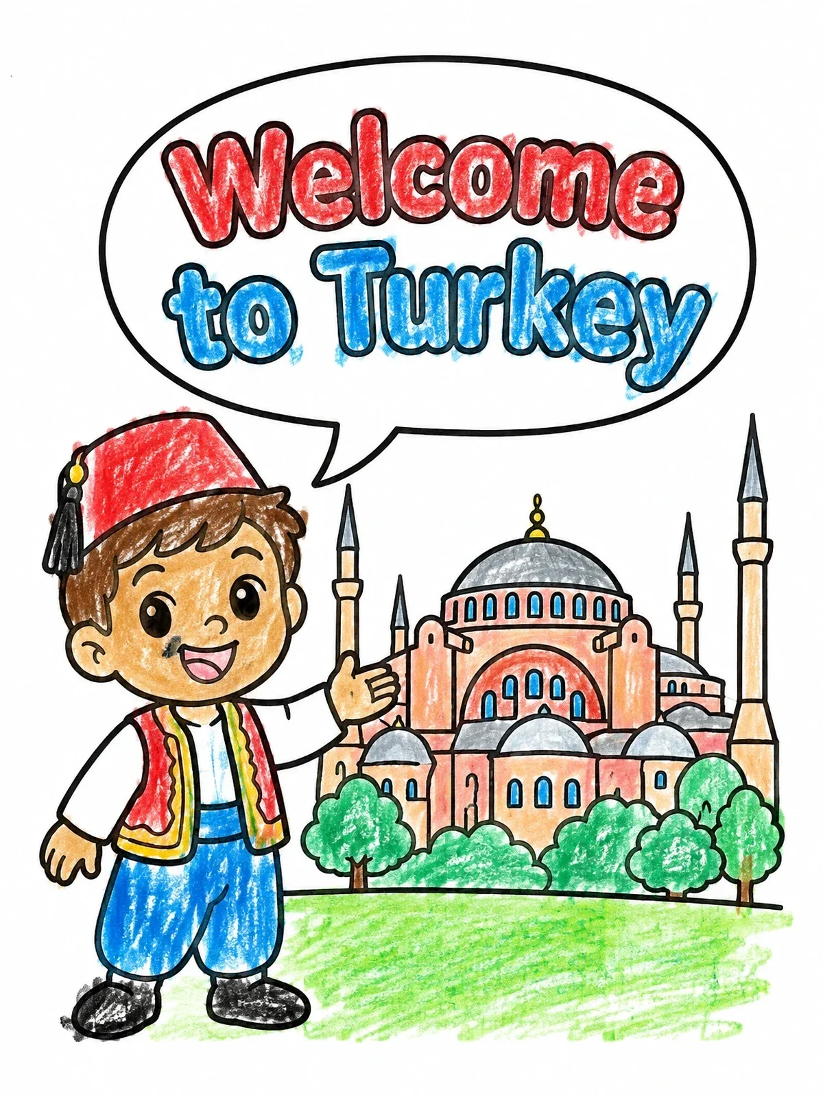 Colored example of the Welcome To Turkey Hagia Sophia coloring page
