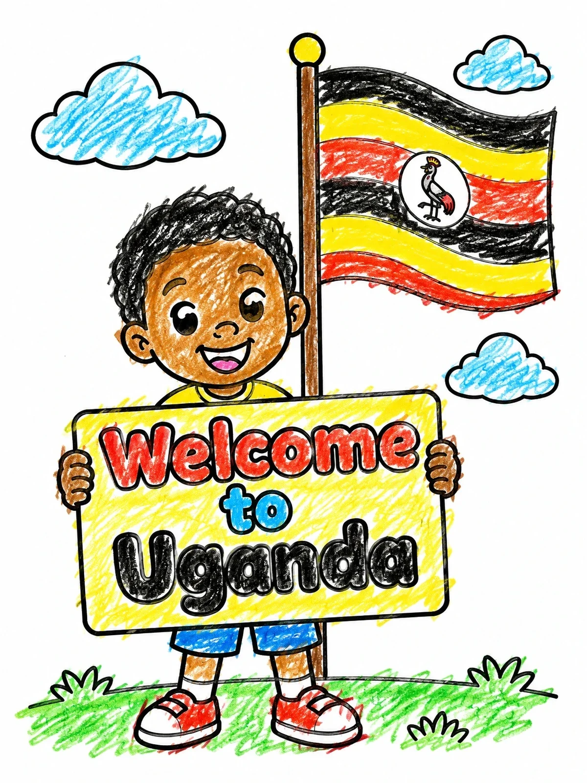Colored example of the Boy Holding Welcome To Uganda Sign coloring page