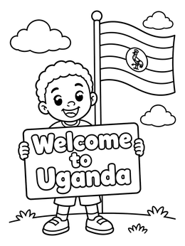 Free printable Boy Holding Welcome To Uganda Sign coloring page
