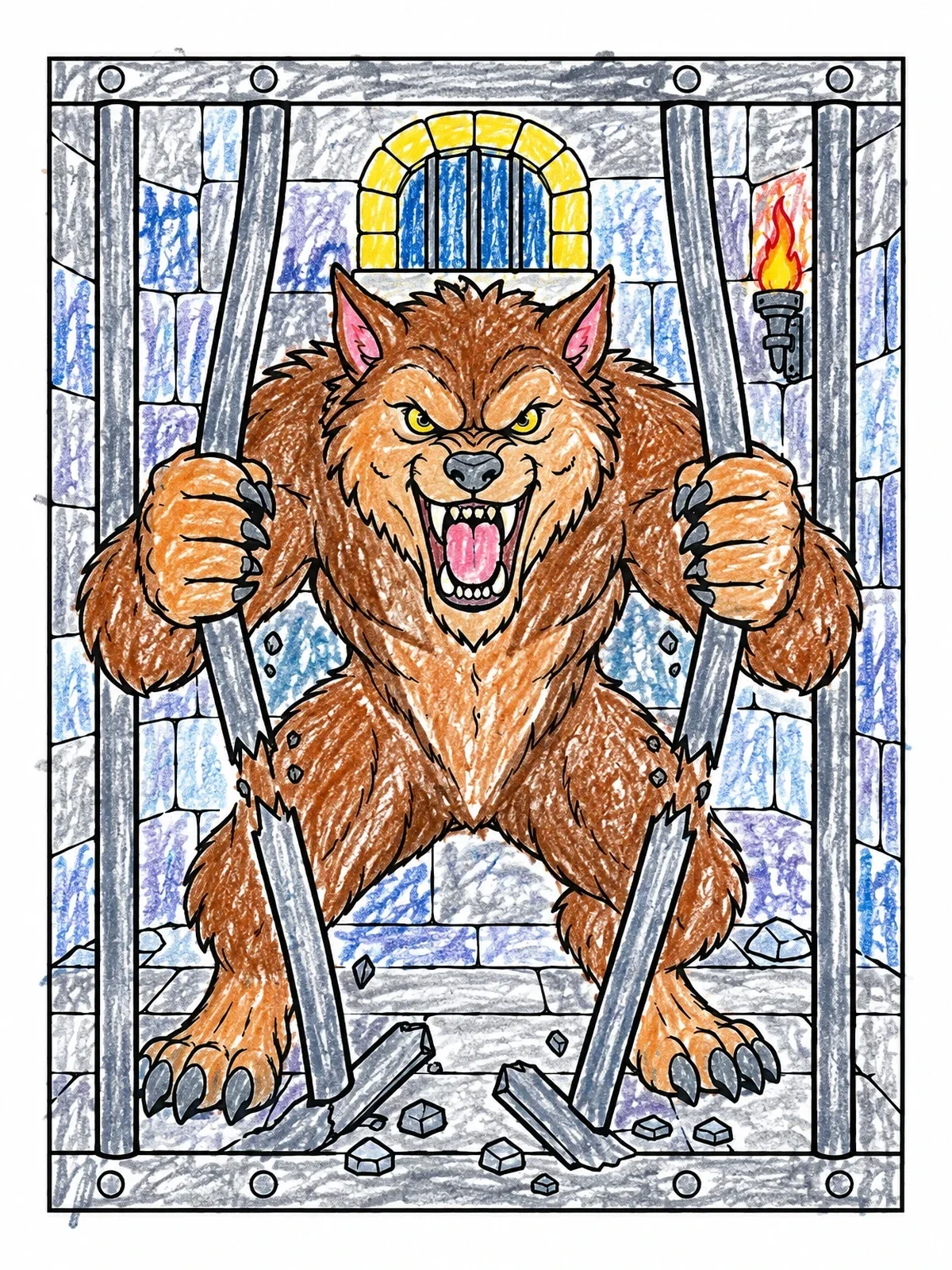 Colored example of the Werewolf Breaking Dungeon Bars coloring page