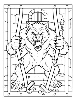 A ferocious werewolf coloring page showing the beast bending metal dungeon bars.