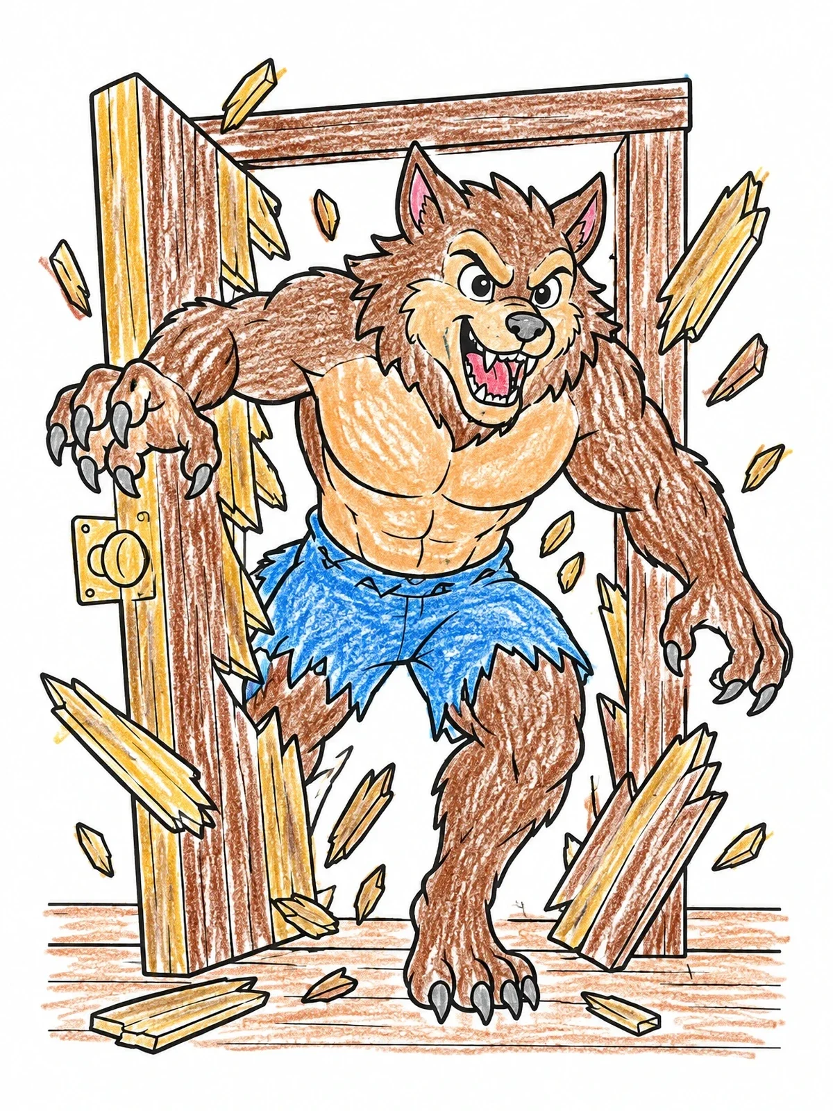 Colored example of the Werewolf Smashing Wooden Door coloring page