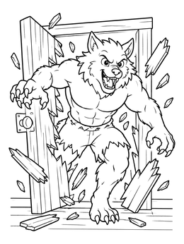 Free printable Werewolf Smashing Wooden Door coloring page