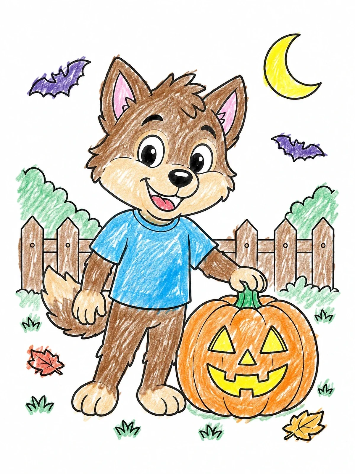 Colored example of the Cute Cartoon Wolf Boy With Pumpkin coloring page
