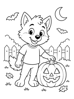 Free printable Cute Cartoon Wolf Boy With Pumpkin coloring page
