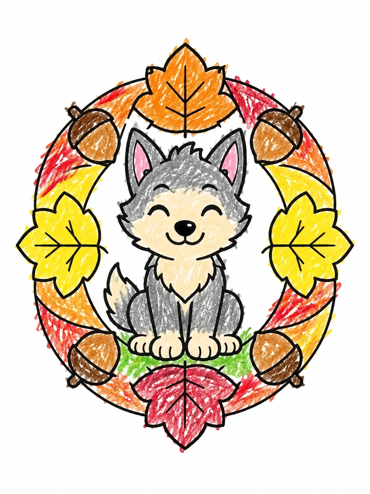 Colored example of the Cute Wolf Pup With Autumn Wreath coloring page