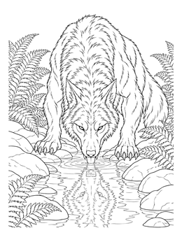 A powerful werewolf coloring page showing a beast drinking from a calm stream with ferns.