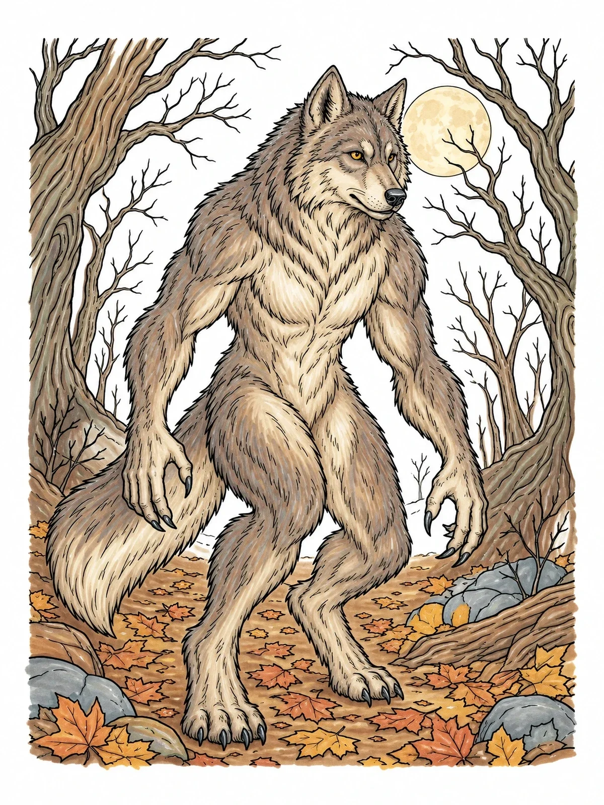 Colored example of the Werewolf In The Autumn Forest coloring page