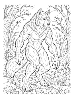 A detailed werewolf coloring page set in a forest under a full moon.