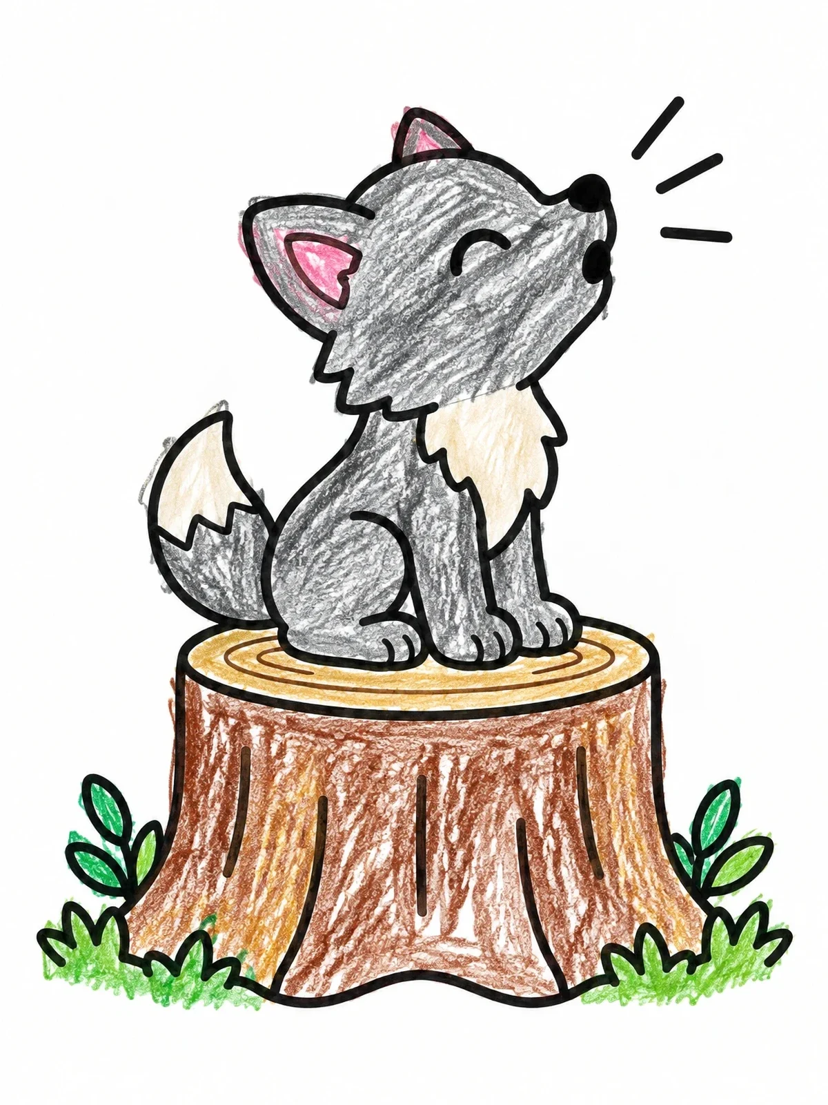 Colored example of the Little Wolf Pup Howling On Stump coloring page