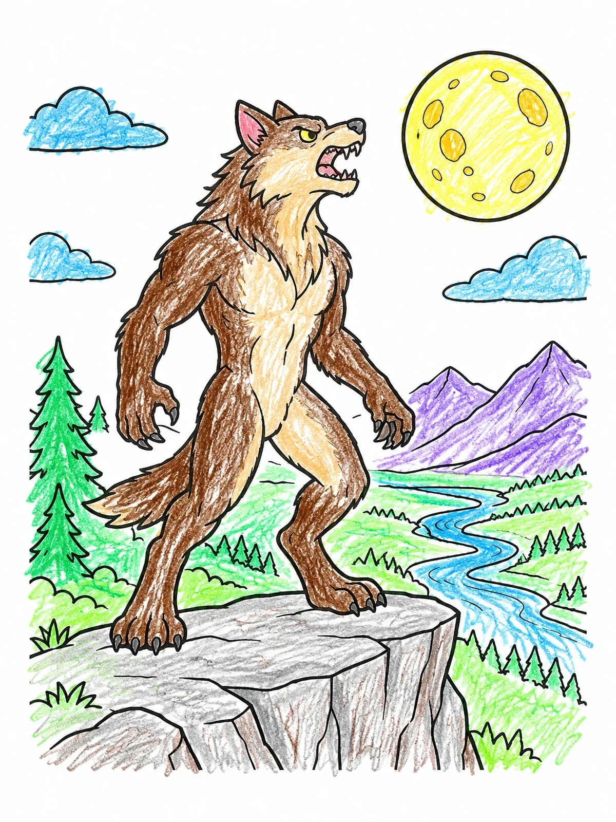 Colored example of the Werewolf Howling On Mountain Cliff coloring page