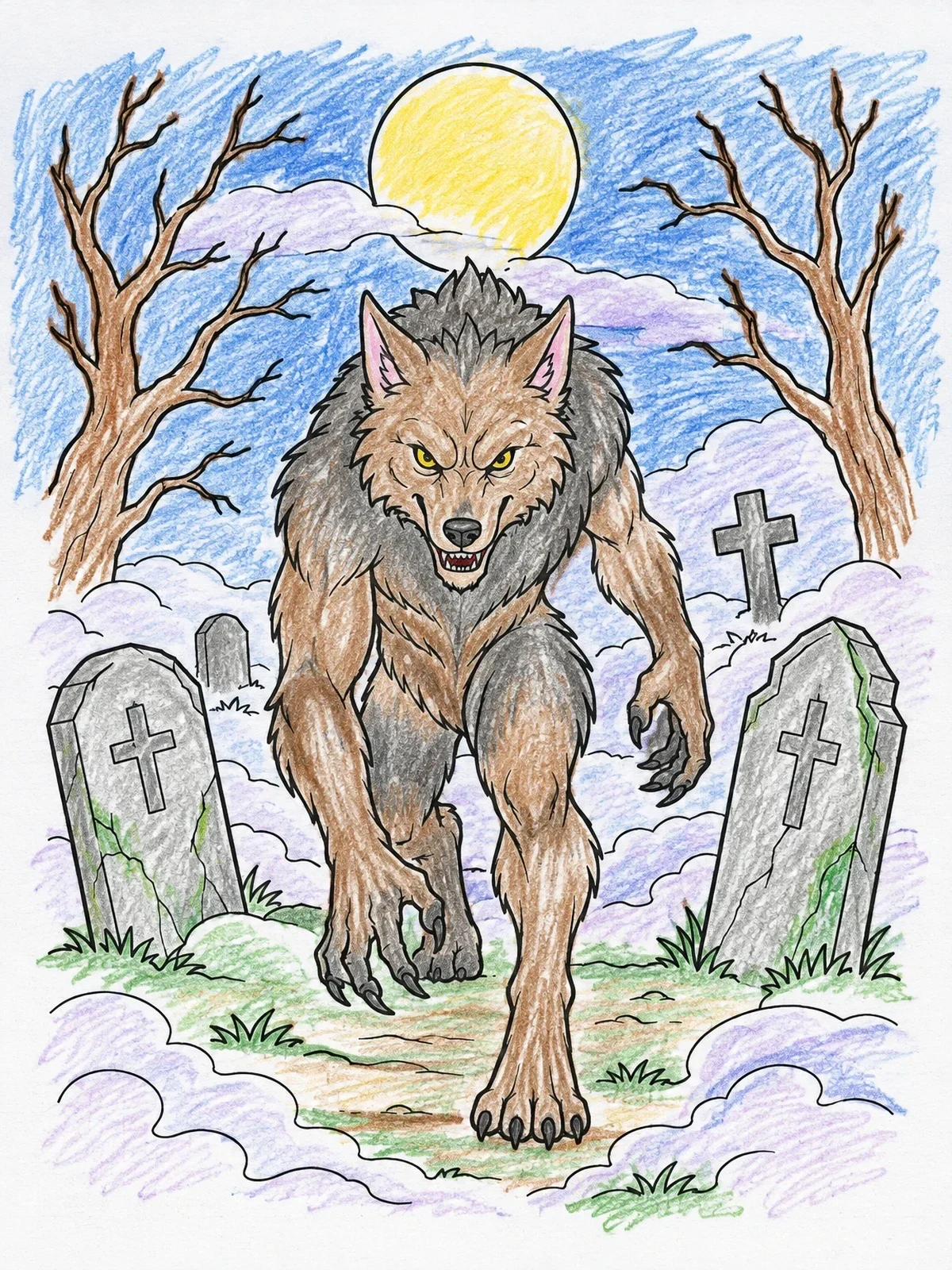 Colored example of the Werewolf Prowling Through A Spooky Graveyard coloring page