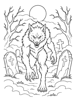 A fierce werewolf stalks among tombstones in this werewolf coloring page under a full moon.