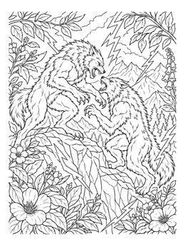 Dramatic werewolf coloring page showing two beasts facing off on a stormy cliff.