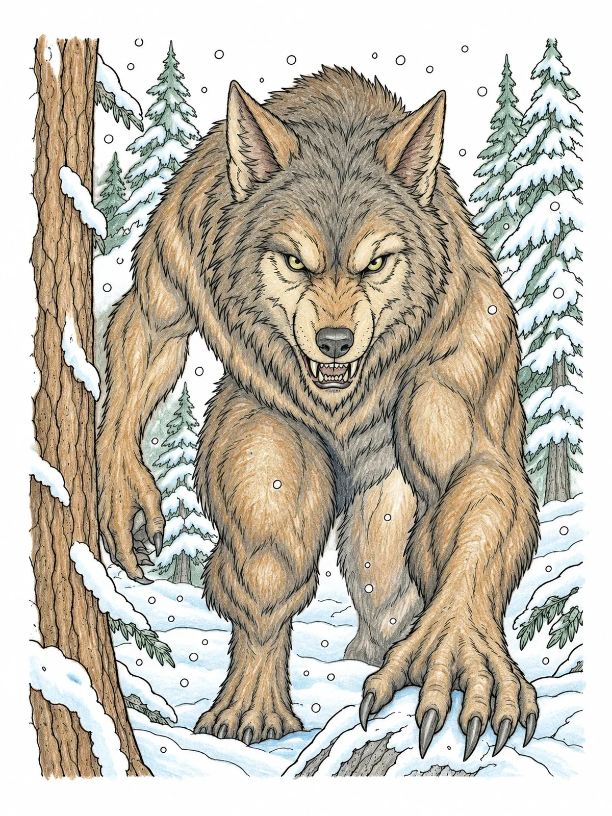 Colored example of the Werewolf Stalking In Snowy Woods coloring page