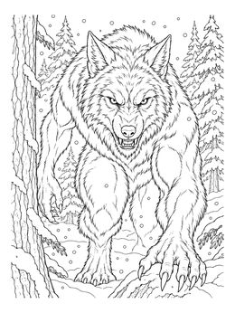 A ferocious werewolf coloring page set in a snowy forest with falling snow.