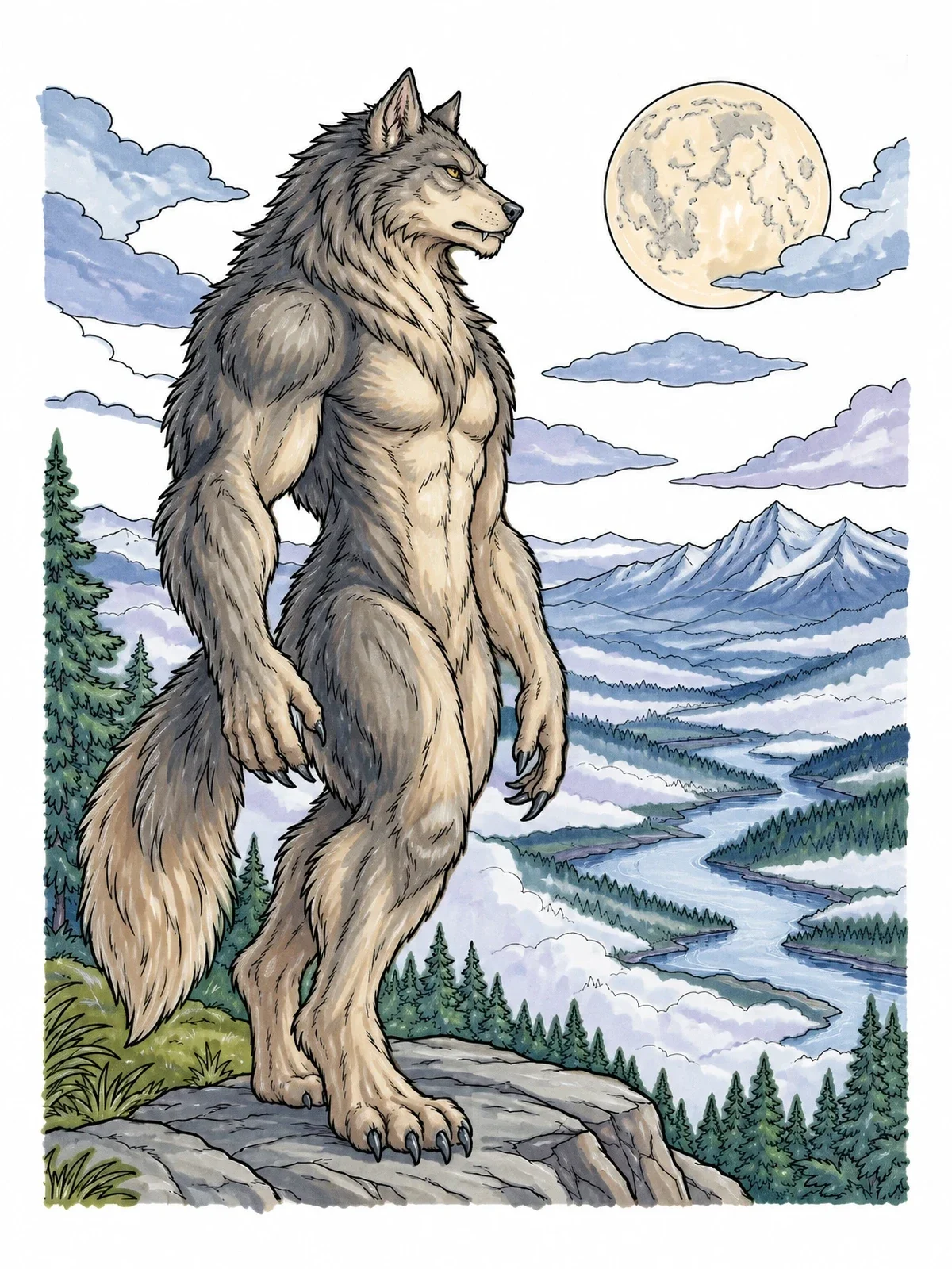 Colored example of the Werewolf Standing On A Mountain Ridge coloring page
