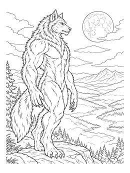 A detailed werewolf coloring page overlooking a vast valley under a full moon.