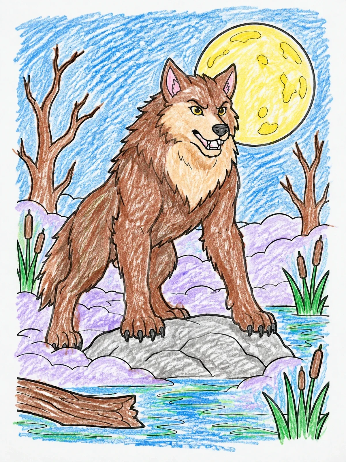 Colored example of the Werewolf Standing In The Swamp coloring page