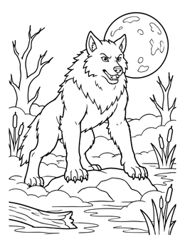 A cartoon werewolf coloring page showing a wolf creature standing on rocks under a full moon.