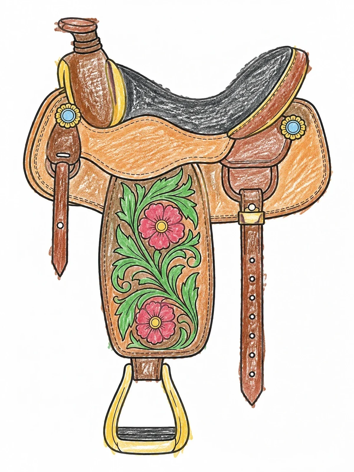 Colored example of the Western Saddle With Floral Carving coloring page
