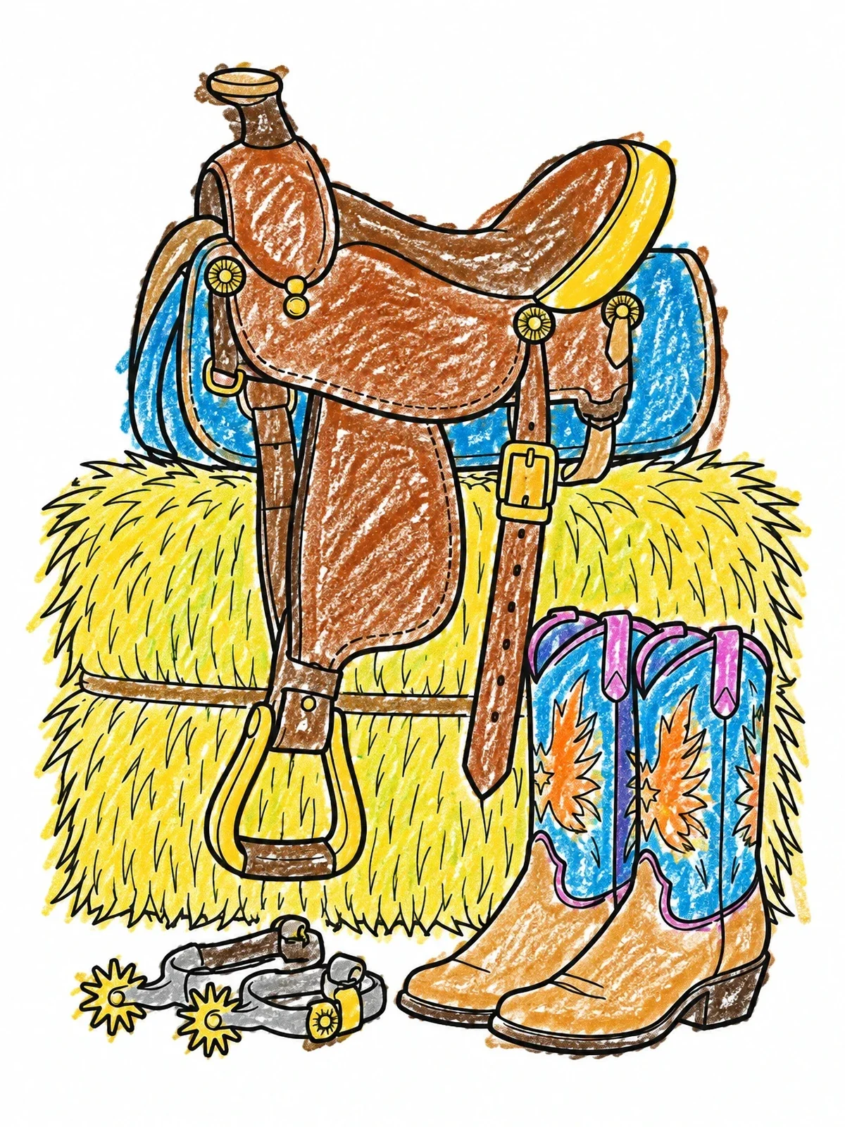 Colored example of the Western Saddle On Hay Bale coloring page