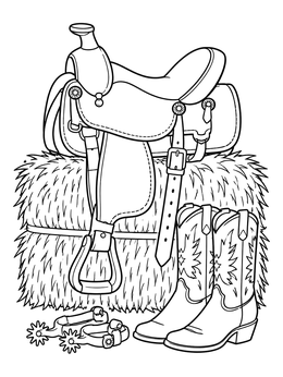 A detailed western saddle coloring page featuring boots and spurs next to a hay bale.
