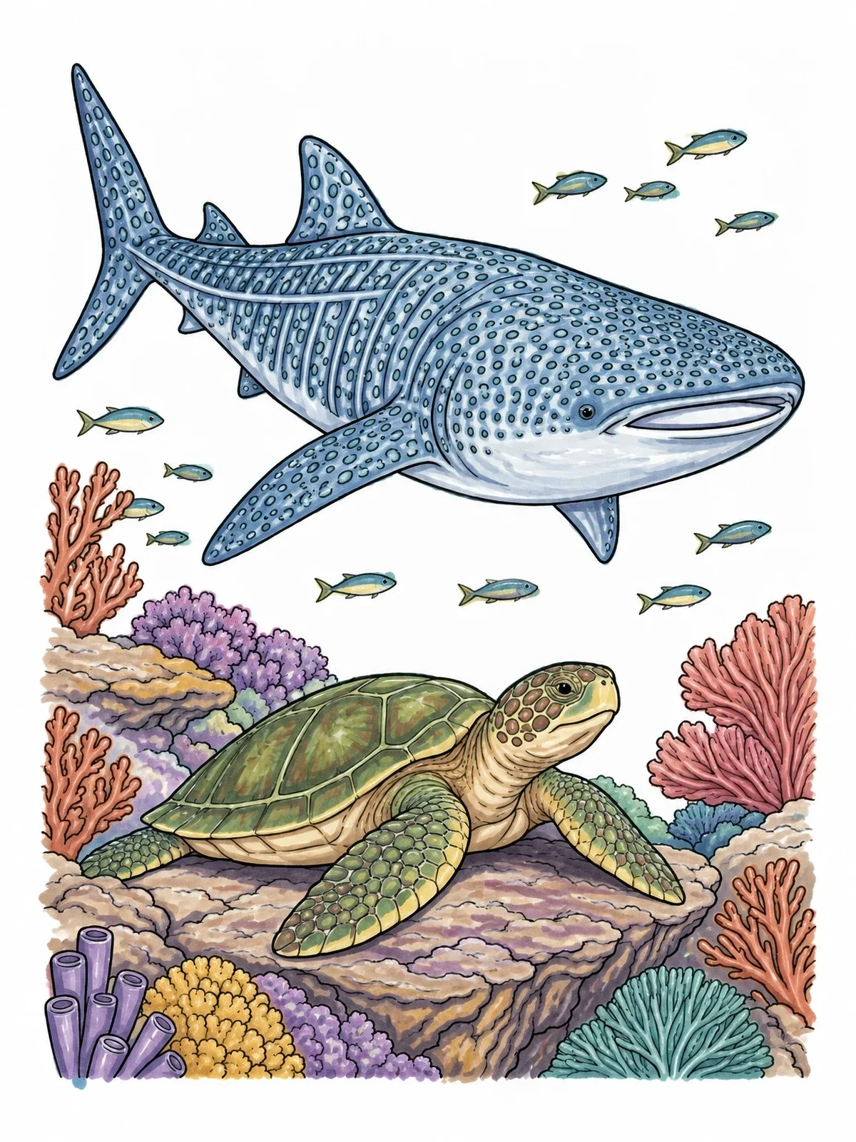 Colored example of the Whale Shark And Sea Turtle On Coral Reef coloring page