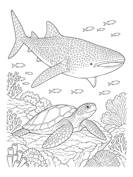 Free printable Whale Shark And Sea Turtle On Coral Reef coloring page