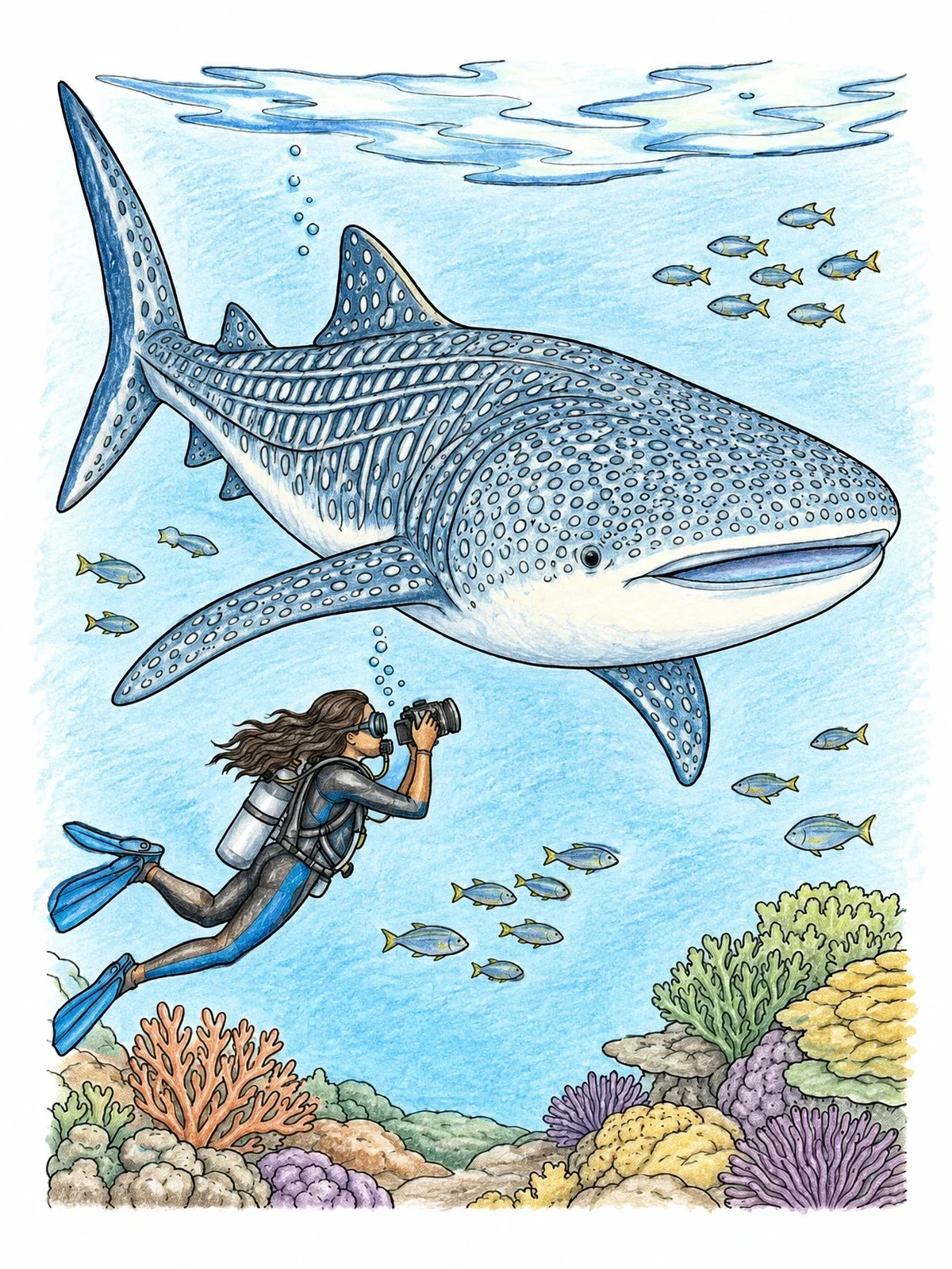 Colored example of the Whale Shark And Underwater Photographer coloring page