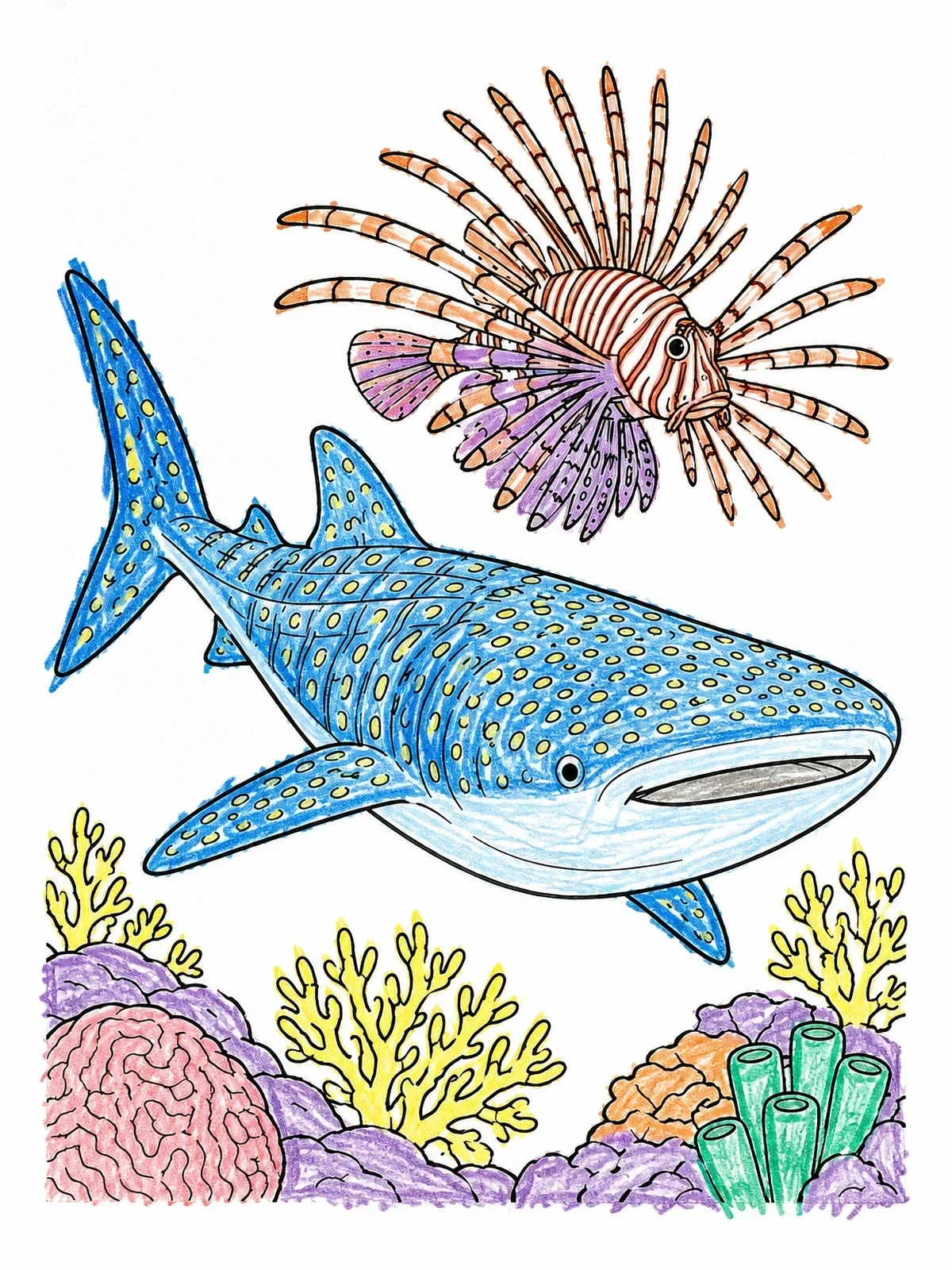 Colored example of the Whale Shark And Lionfish Over Coral Reef coloring page