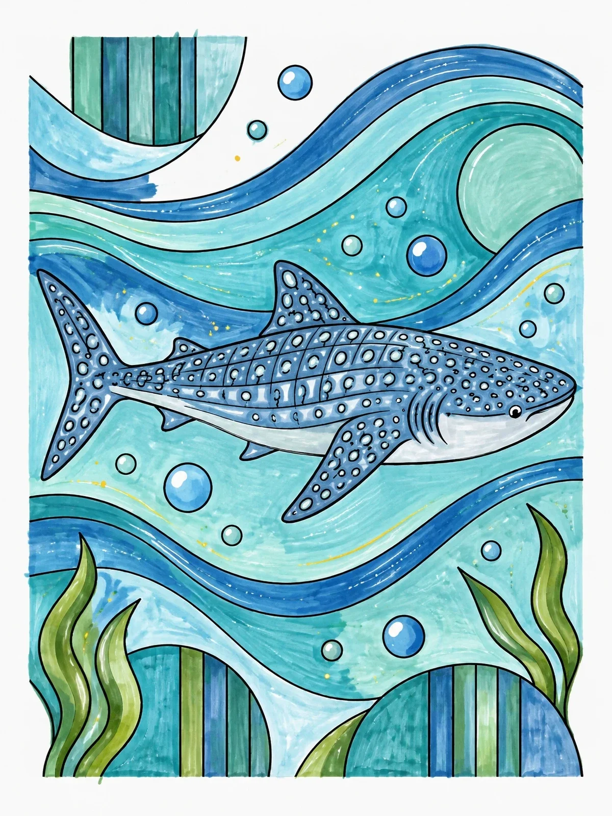 Colored example of the Swimming Whale Shark In Ocean Waves coloring page