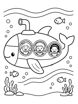 Free printable Whale Submarine With Happy Children coloring page