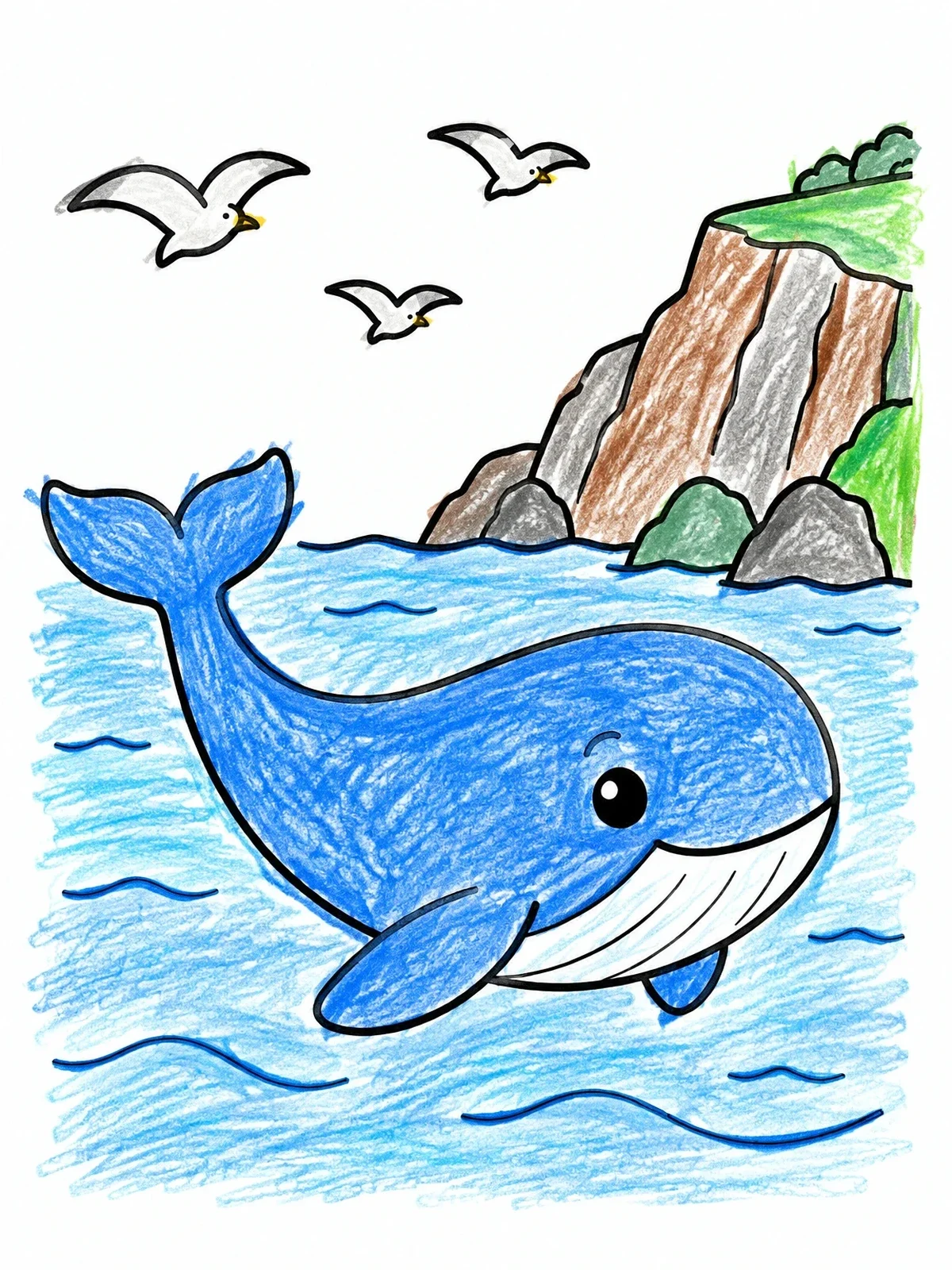 Colored example of the Whale Swimming Along Rocky Coastline coloring page