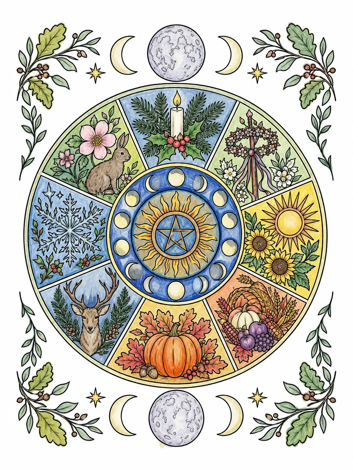Colored example of the Wheel Of The Year Sabbat Mandala coloring page