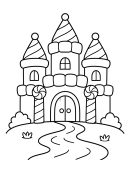 A fairytale candy coloring page featuring a sweet castle with candy cane pillars and marshmallow walls.