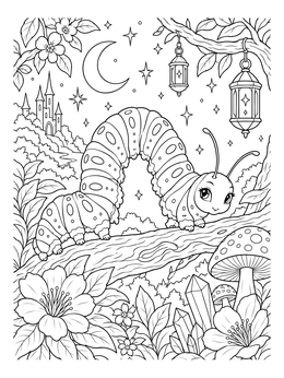 A whimsical caterpillar coloring page creeping along a branch under the moon and lanterns.