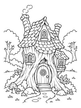 Free printable Fairy Tale Tree Trunk Cottage coloring page