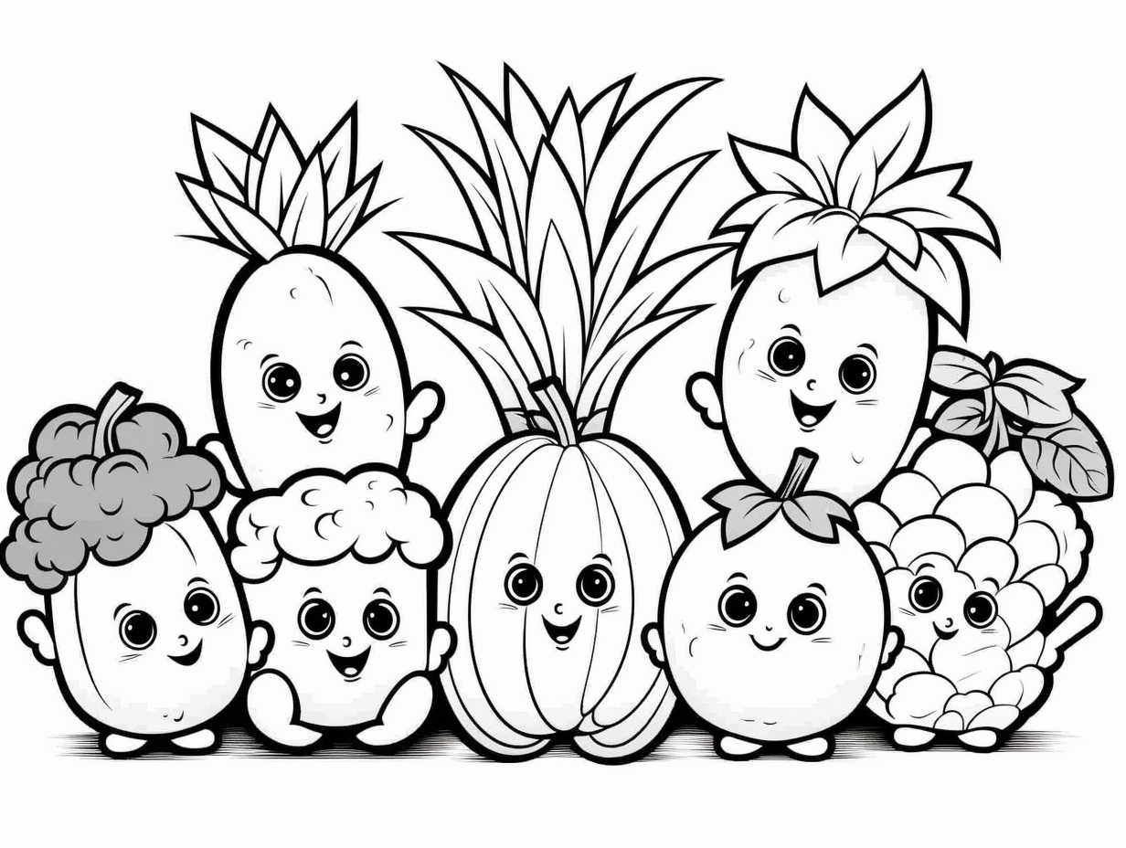 Whimsical Fruits And Veggies Coloring - Coloring Page