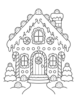 Festive gingerbread coloring page showing a cozy candy house covered in icing and treats.